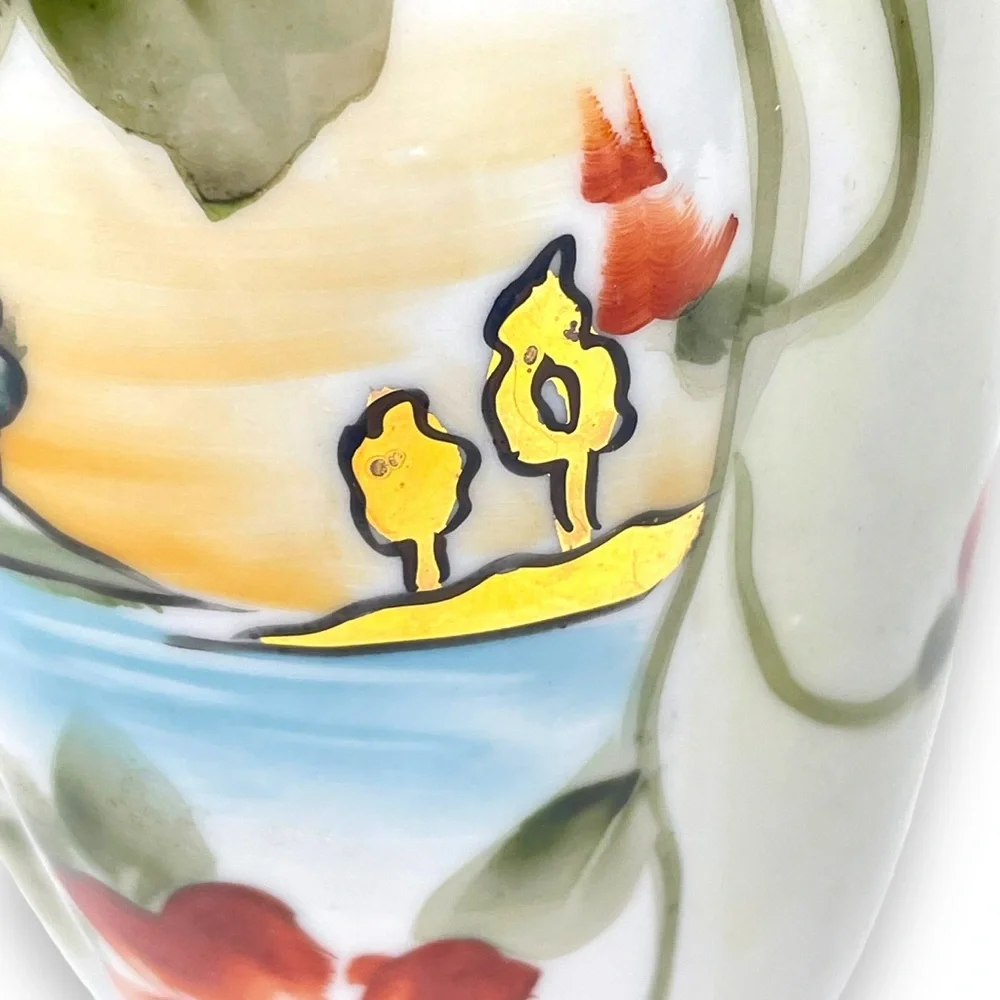 Nippon Hand-Painted Porcelian 2 Handle Vase Floral Lake  Pattern & Gold Trim